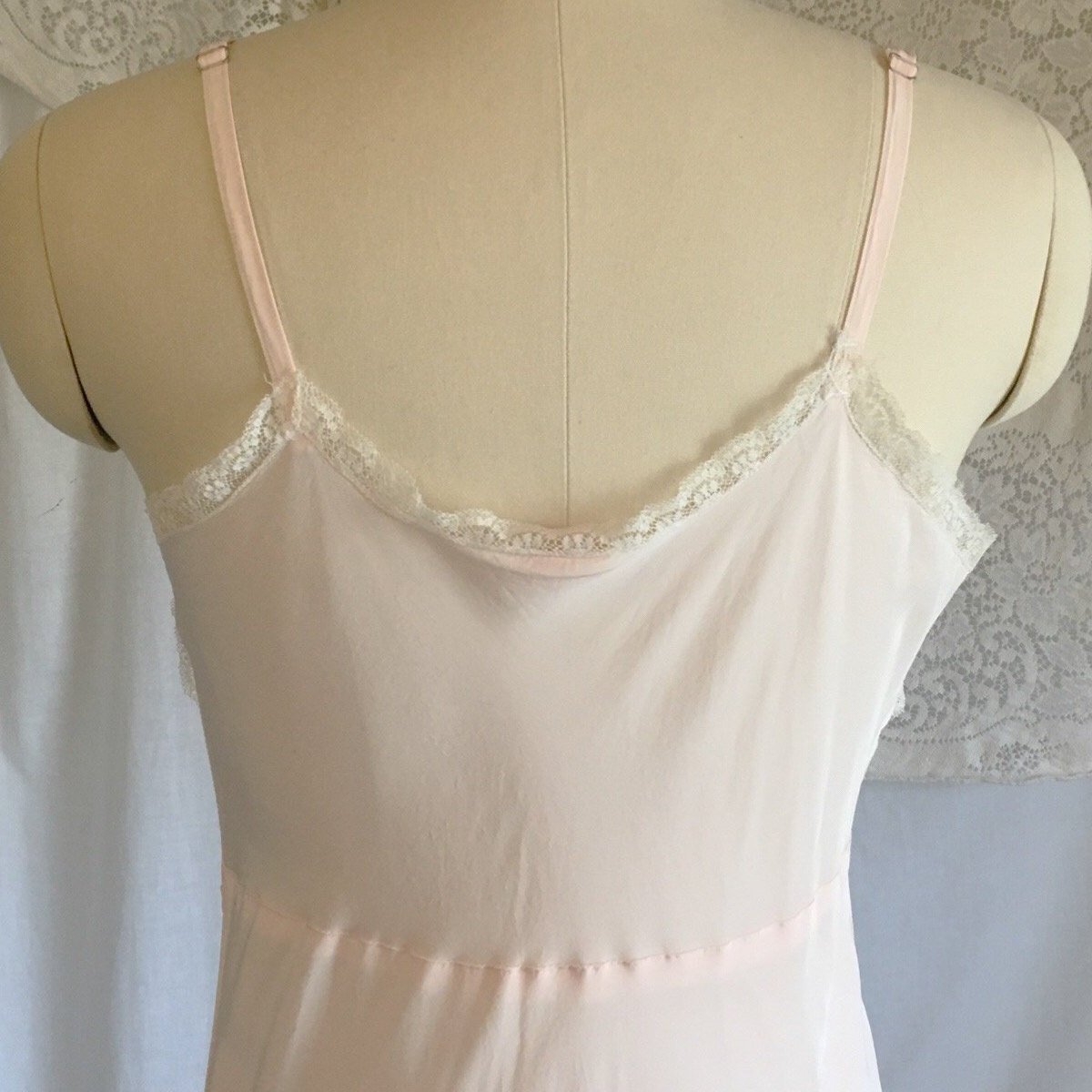 Vintage 1940's Slip | Light Powder Pink Rayon with White Pinstripe Tulle & Ruffled Lace | Lady Elizabeth Underwear | Size S - Daggers & Dames