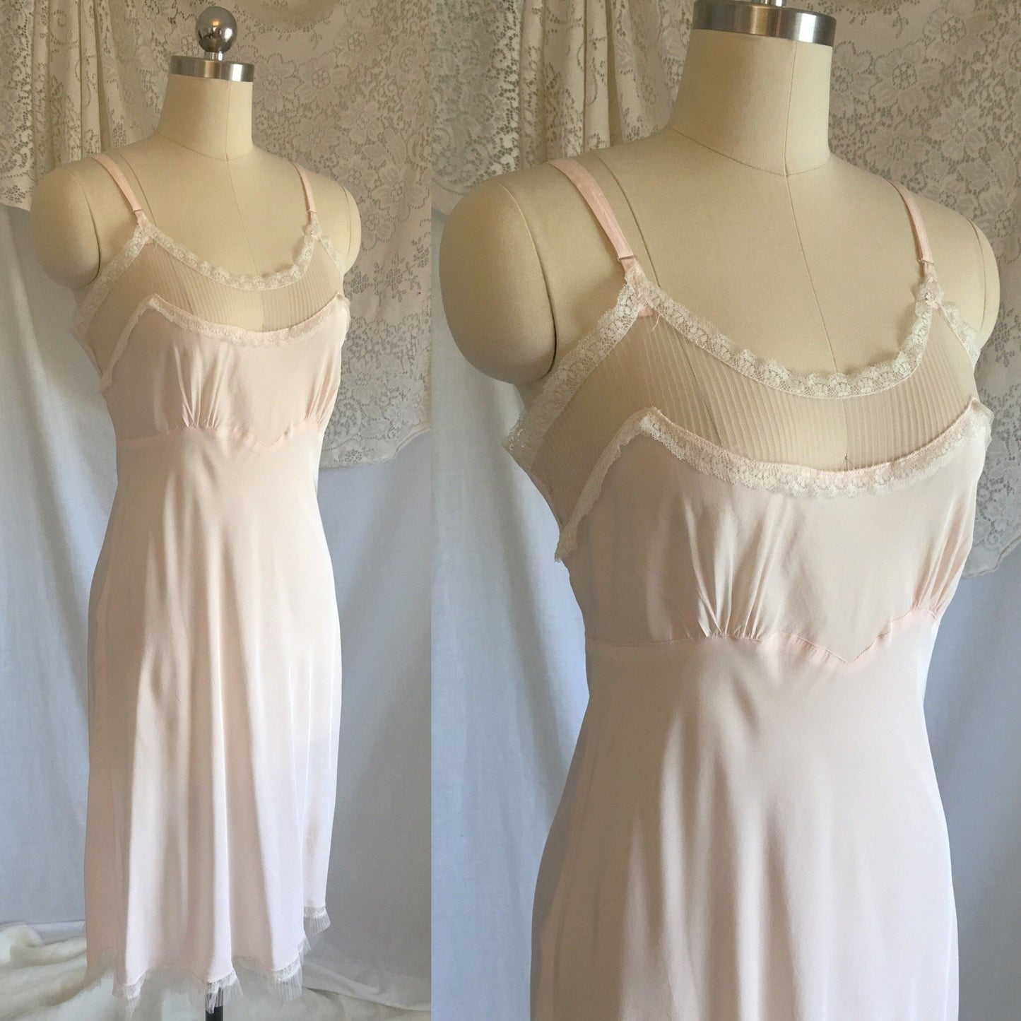 Vintage 1940's Slip | Light Powder Pink Rayon with White Pinstripe Tulle & Ruffled Lace | Lady Elizabeth Underwear | Size S - Daggers & Dames