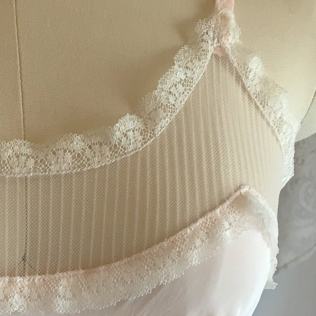 Vintage 1940's Slip | Light Powder Pink Rayon with White Pinstripe Tulle & Ruffled Lace | Lady Elizabeth Underwear | Size S - Daggers & Dames