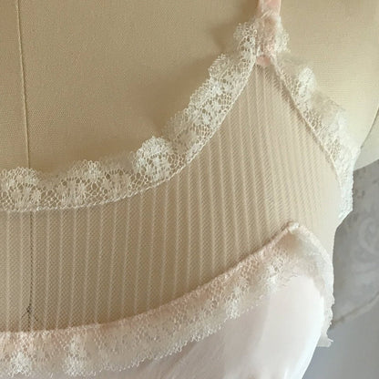 Vintage 1940's Slip | Light Powder Pink Rayon with White Pinstripe Tulle & Ruffled Lace | Lady Elizabeth Underwear | Size S - Daggers & Dames