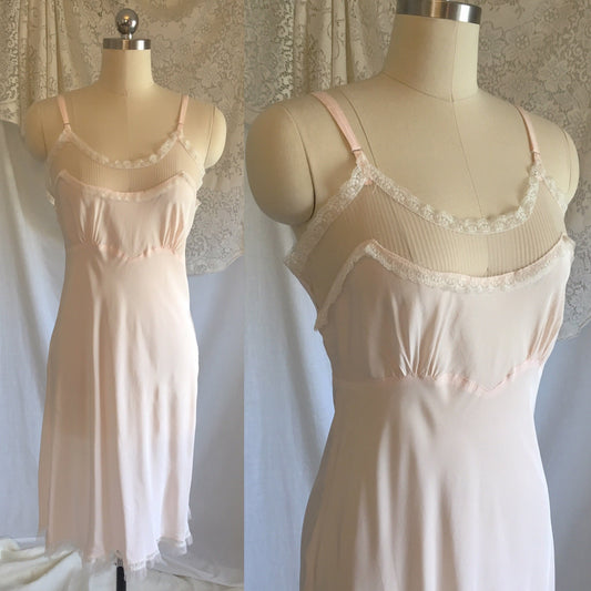 Vintage 1940's Slip | Light Powder Pink Rayon with White Pinstripe Tulle & Ruffled Lace | Lady Elizabeth Underwear | Size S - Daggers & Dames