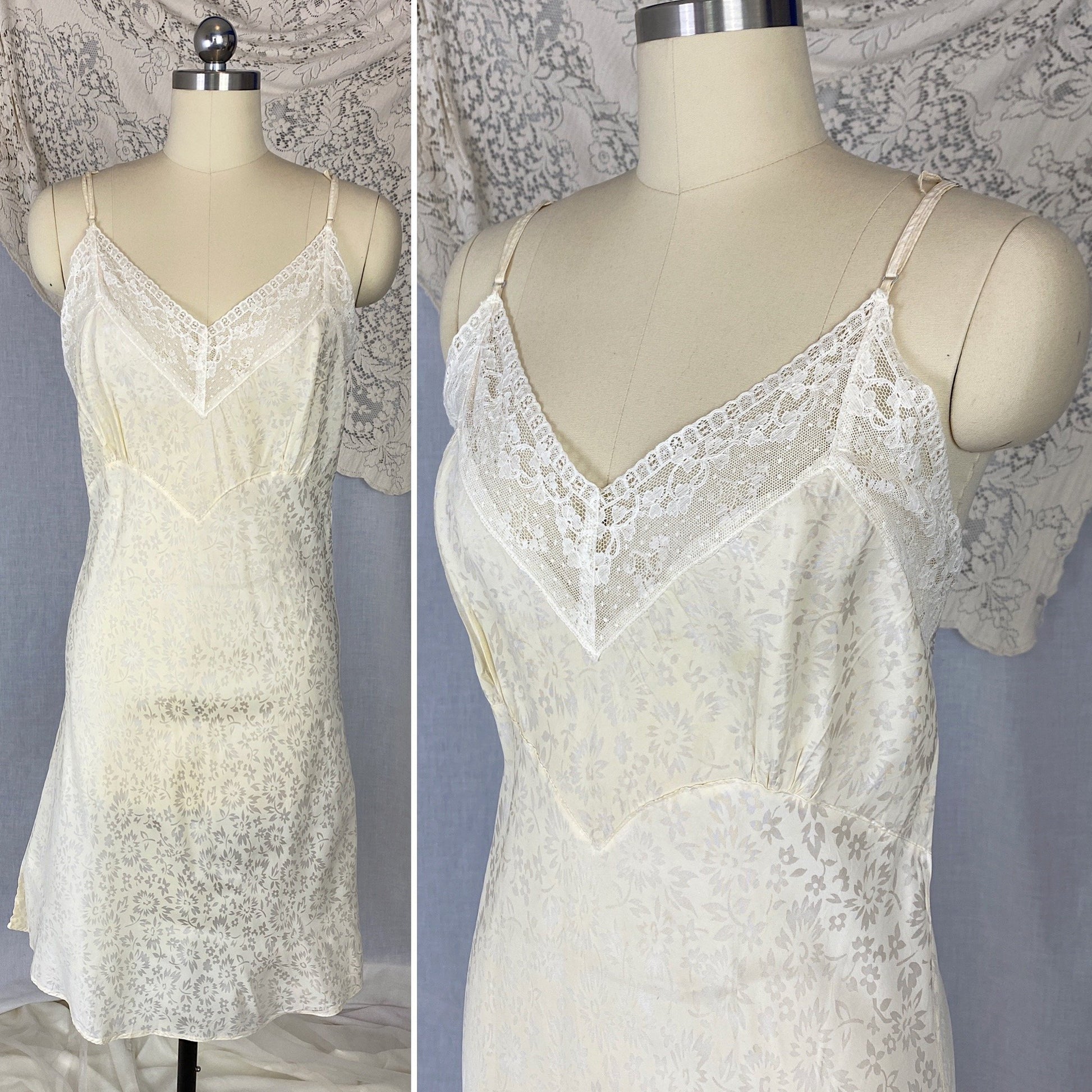Vintage 1940's Slip | Pale Butter Yellow with Sheer White Floral Print Rayon Taffeta & Lace | Size M, LG - Daggers & Dames