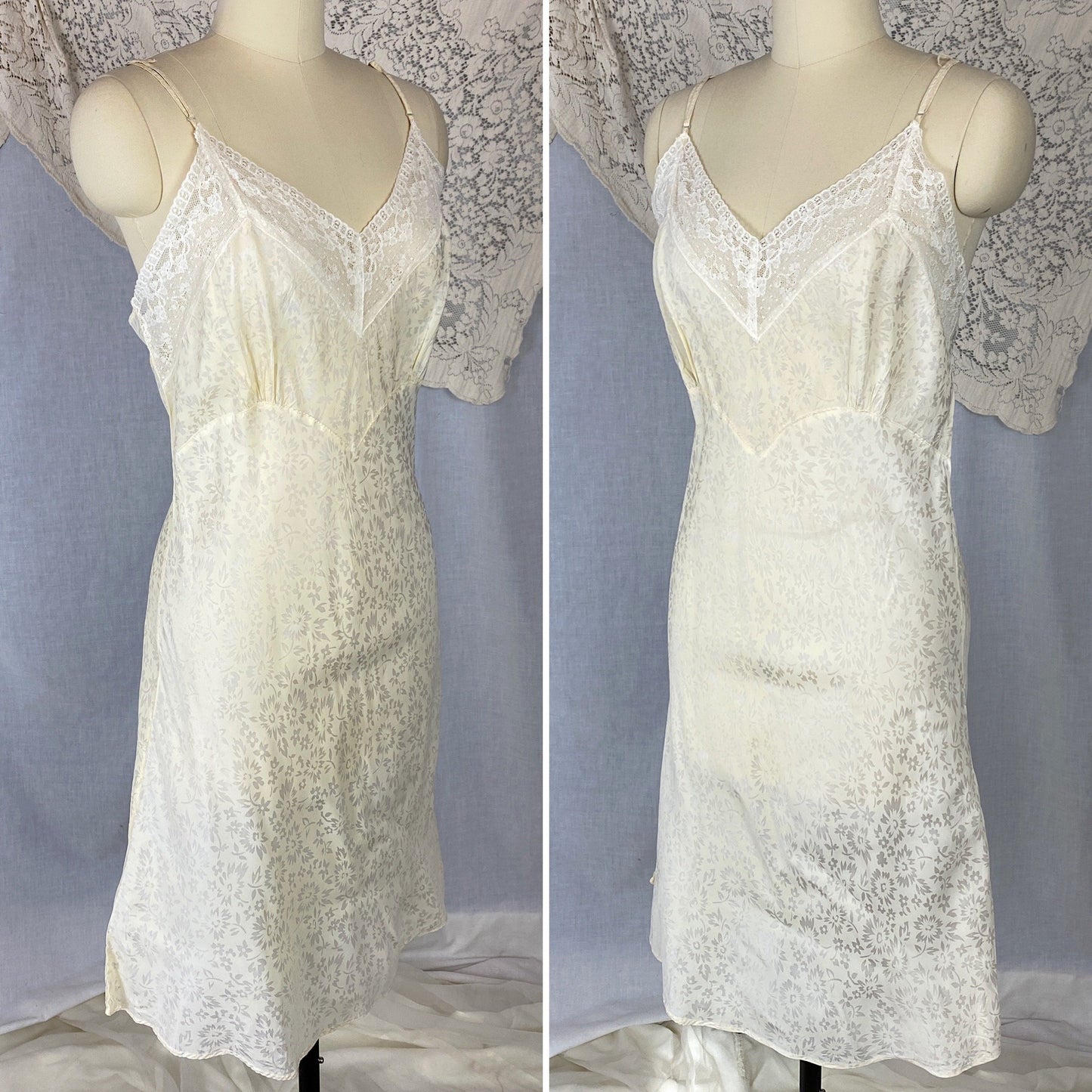 Vintage 1940's Slip | Pale Butter Yellow with Sheer White Floral Print Rayon Taffeta & Lace | Size M, LG - Daggers & Dames