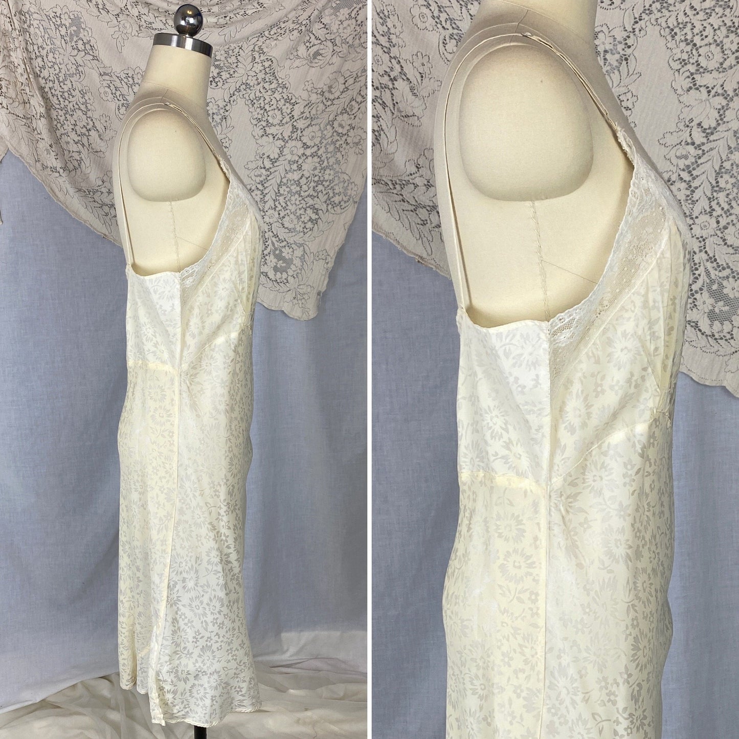 Vintage 1940's Slip | Pale Butter Yellow with Sheer White Floral Print Rayon Taffeta & Lace | Size M, LG - Daggers & Dames