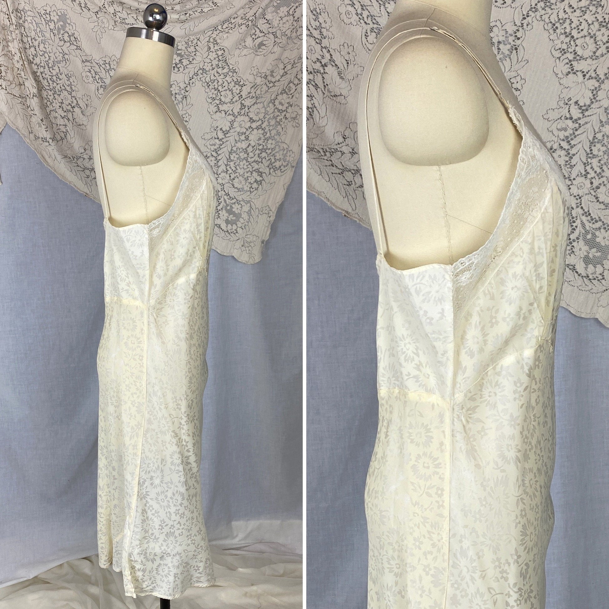 Vintage 1940's Slip | Pale Butter Yellow with Sheer White Floral Print Rayon Taffeta & Lace | Size M, LG - Daggers & Dames