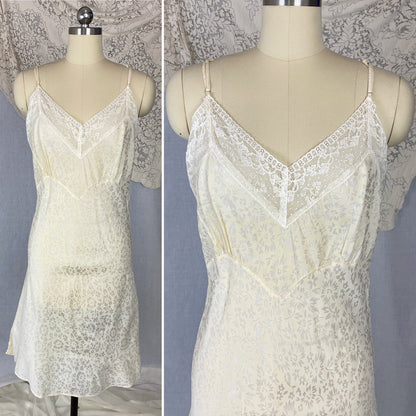 Vintage 1940's Slip | Pale Butter Yellow with Sheer White Floral Print Rayon Taffeta & Lace | Size M, LG - Daggers & Dames