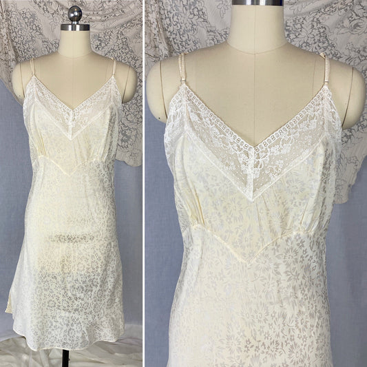 Vintage 1940's Slip | Pale Butter Yellow with Sheer White Floral Print Rayon Taffeta & Lace | Size M, LG - Daggers & Dames