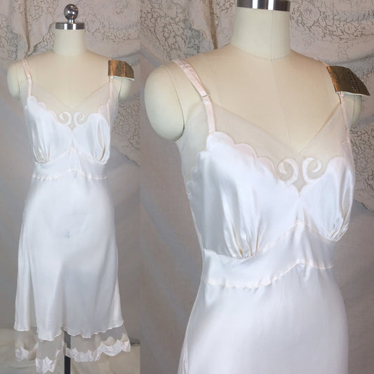 Vintage 1940's Slip | Pale Ivory Cream Rayon Satin with Tulle Inserts | Aristocraft -New with Tags | Size LG, XL - Daggers & Dames