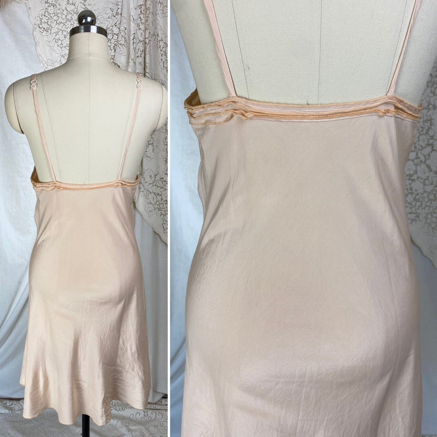 Vintage 1940's Slip | Pale Peach Silky Cotton Blend with Frilly Rose Ruffle | Size S - Daggers & Dames