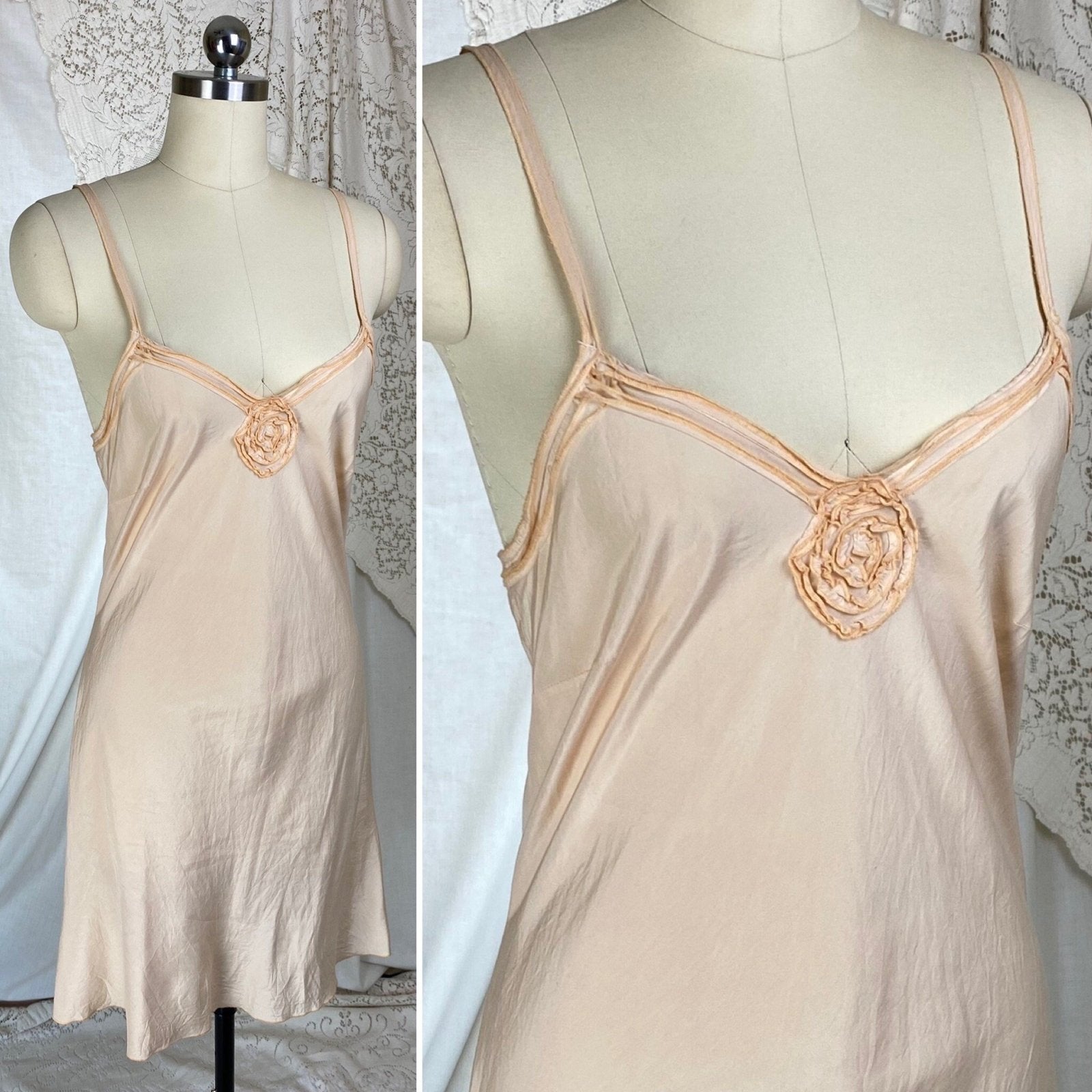 Vintage 1940's Slip | Pale Peach Silky Cotton Blend with Frilly Rose Ruffle | Size S - Daggers & Dames