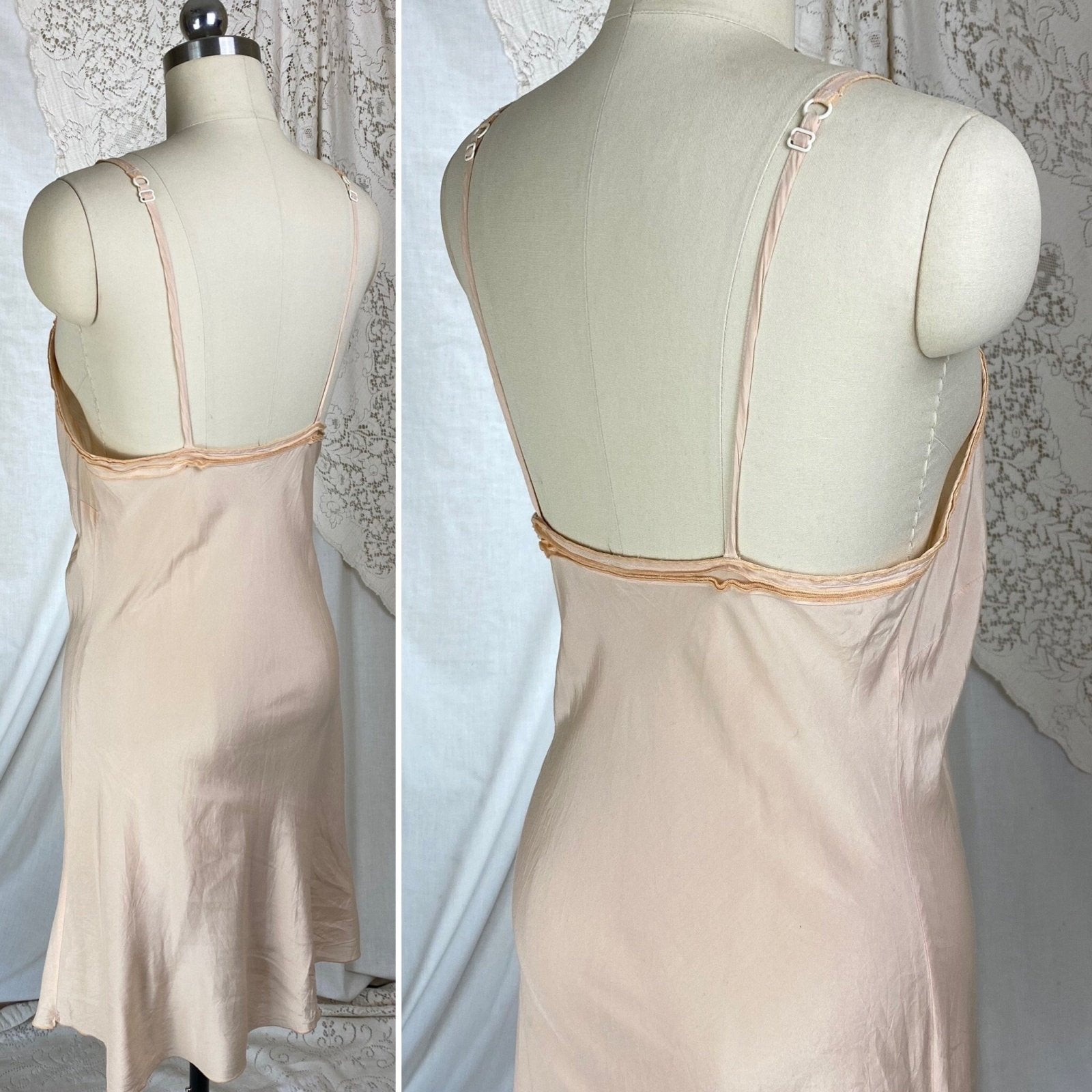 Vintage 1940's Slip | Pale Peach Silky Cotton Blend with Frilly Rose Ruffle | Size S - Daggers & Dames