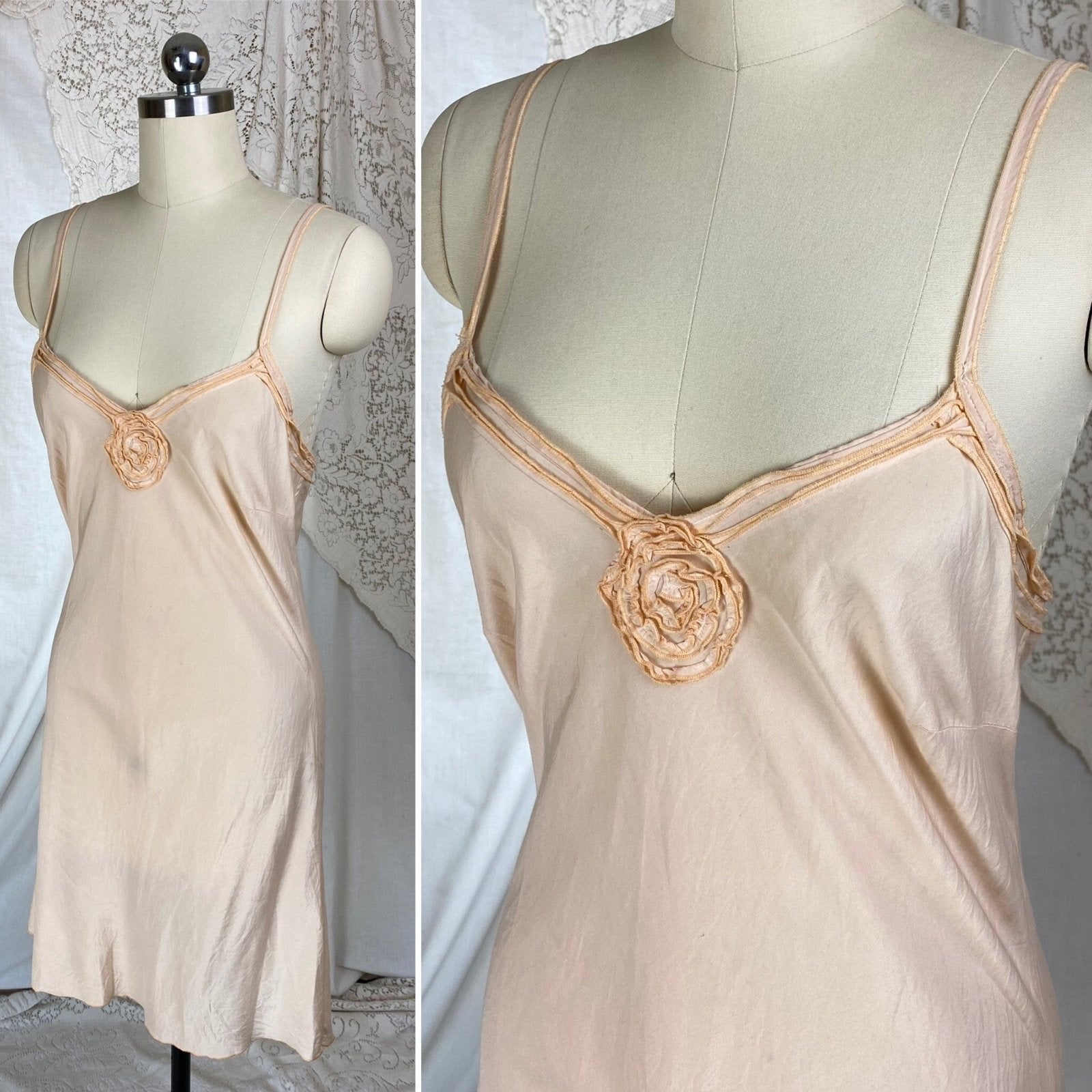 Vintage 1940's Slip | Pale Peach Silky Cotton Blend with Frilly Rose Ruffle | Size S - Daggers & Dames