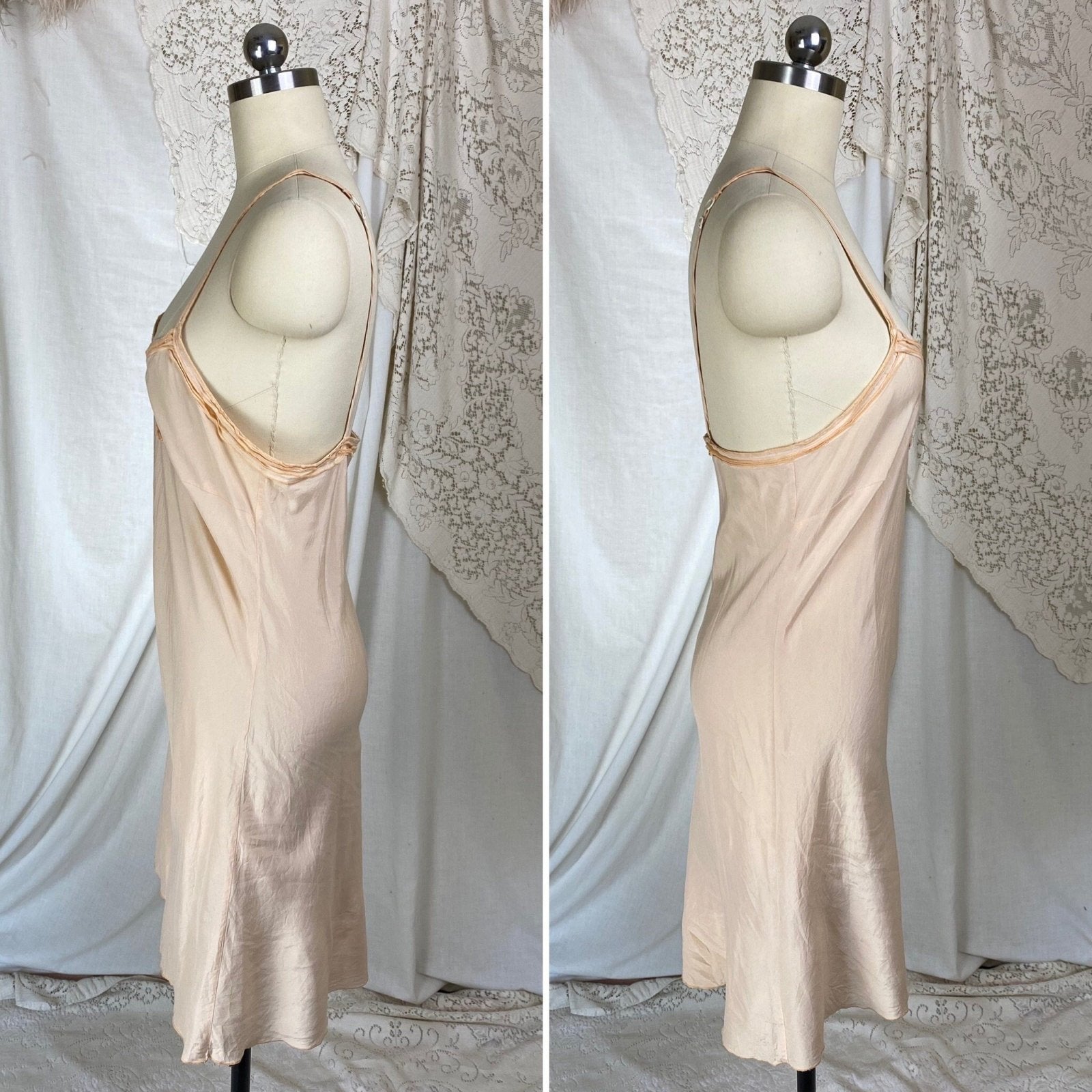 Vintage 1940's Slip | Pale Peach Silky Cotton Blend with Frilly Rose Ruffle | Size S - Daggers & Dames