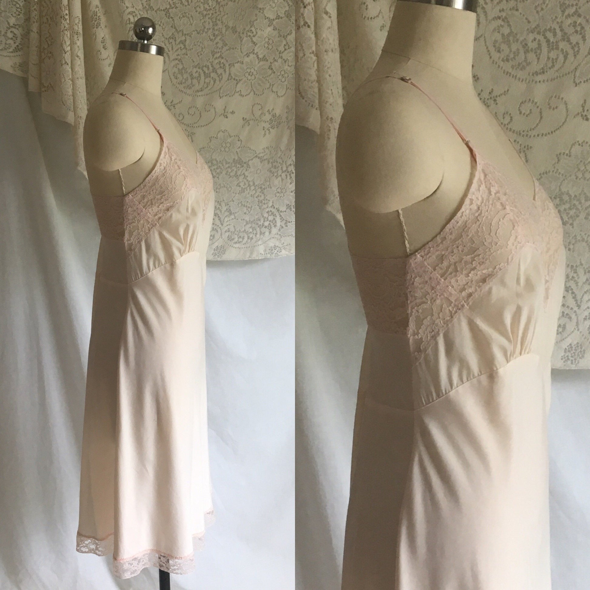 Vintage 1940's Slip | Pale Pink Cotton with Nylon & Lace Bias Cut Bodice | Fischer Heavenly Lingerie | Size M, LG - Daggers & Dames
