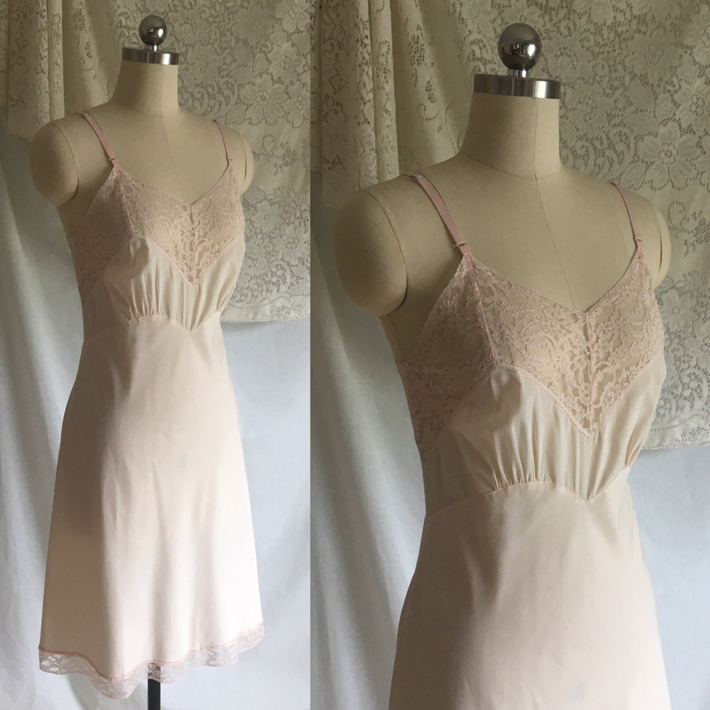 Vintage 1940's Slip | Pale Pink Cotton with Nylon & Lace Bias Cut Bodice | Fischer Heavenly Lingerie | Size M, LG - Daggers & Dames