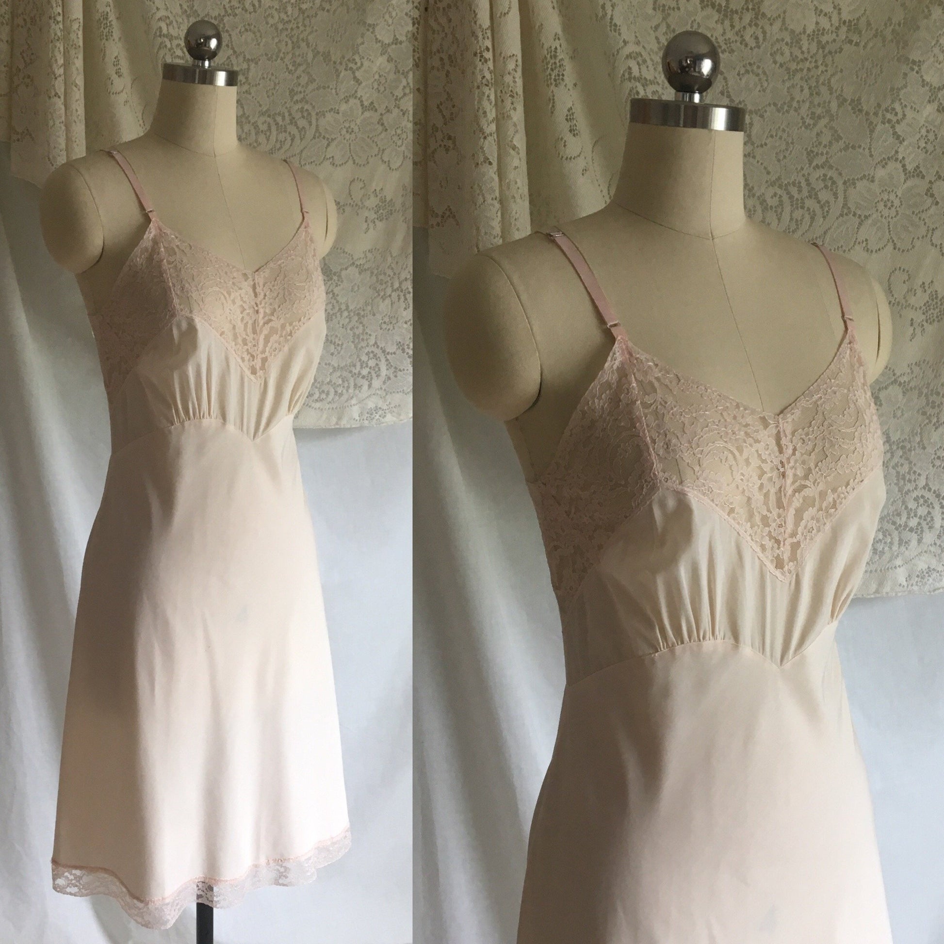 Vintage 1940's Slip | Pale Pink Cotton with Nylon & Lace Bias Cut Bodice | Fischer Heavenly Lingerie | Size M, LG - Daggers & Dames