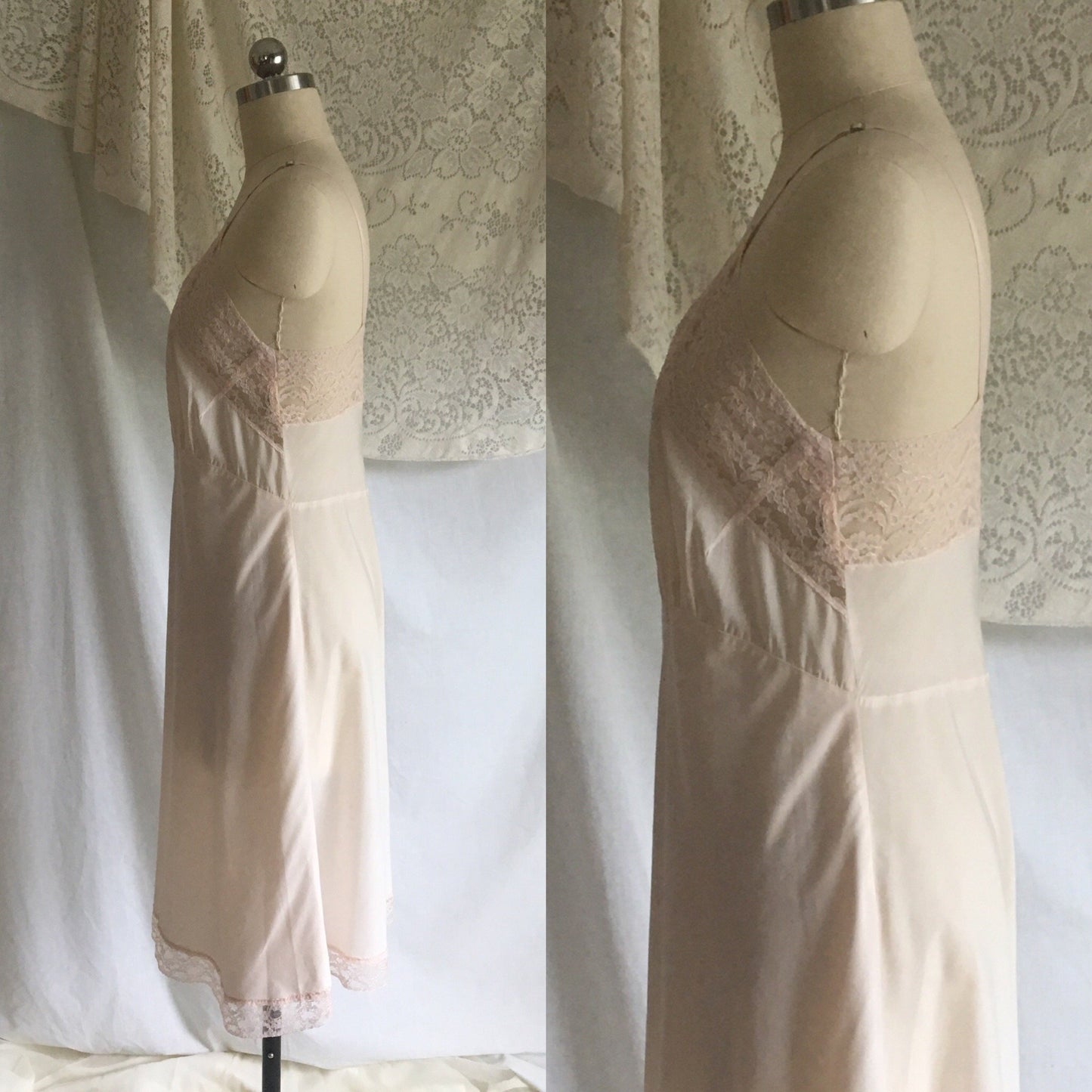 Vintage 1940's Slip | Pale Pink Cotton with Nylon & Lace Bias Cut Bodice | Fischer Heavenly Lingerie | Size M, LG - Daggers & Dames