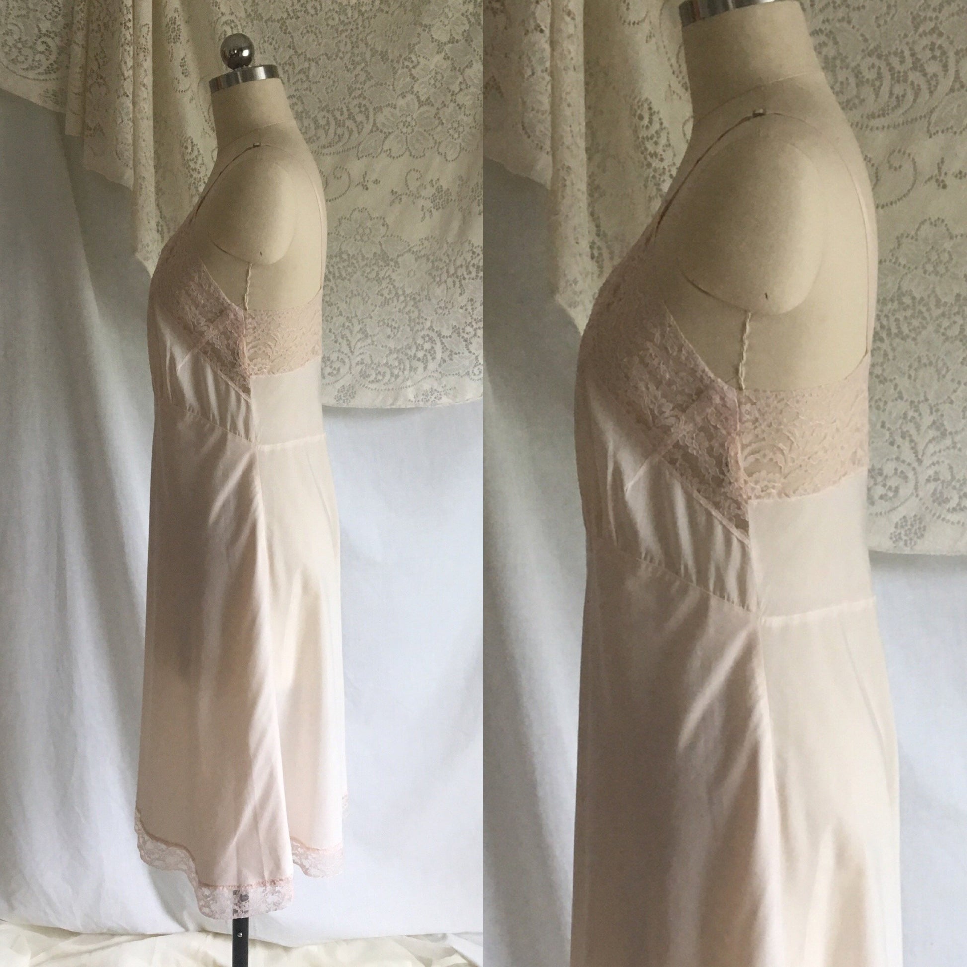 Vintage 1940's Slip | Pale Pink Cotton with Nylon & Lace Bias Cut Bodice | Fischer Heavenly Lingerie | Size M, LG - Daggers & Dames