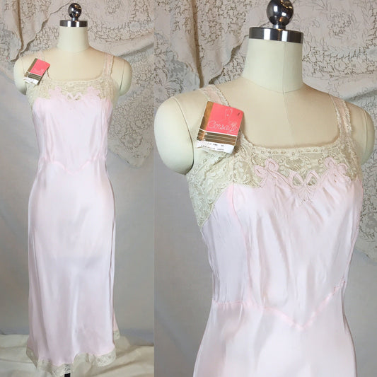 Vintage 1940's Slip | Pale Pink Rayon with Embroidery & Lace | Corsage -New with Tags | Size LG, XL - Daggers & Dames