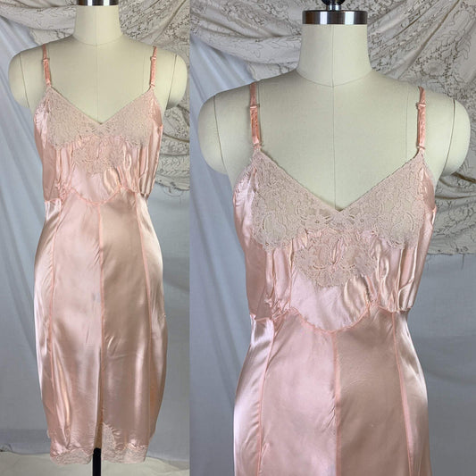 Vintage 1940's Slip | Pale Powder Pink Rayon Satin with Lace & 8 Gores | Lady Love | Size SM, MED - Daggers & Dames