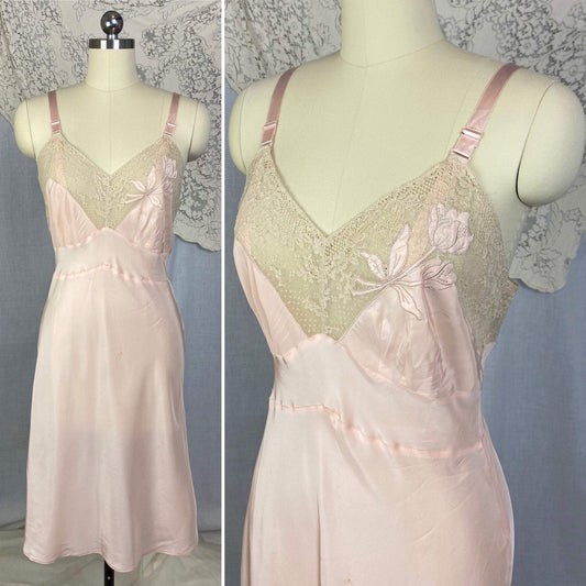Vintage 1940's Slip | Pale Powder Pink Rayon with Ivory Lace & Floral Appliqué | Size 34 Bust, S, M | Rhythm Lingerie - Never Worn - Daggers & Dames