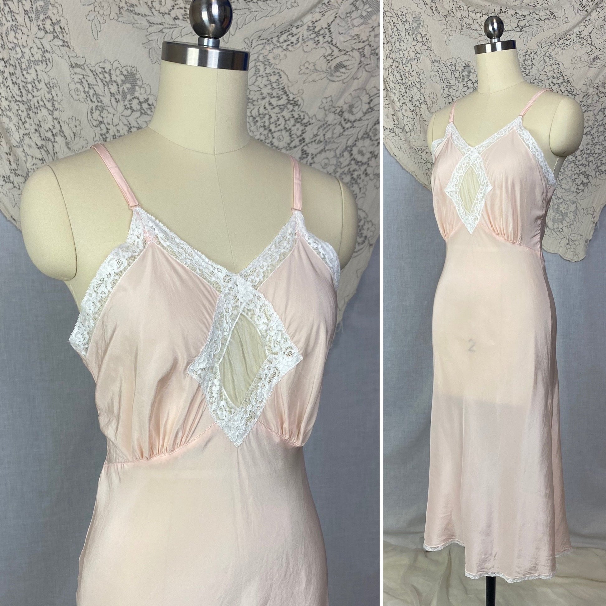 Vintage 1940's Slip | Pale Powder Pink Silk with Tulle Diamond Insert & Lace | Size XS, S | Laura Lane -Never Worn - Daggers & Dames