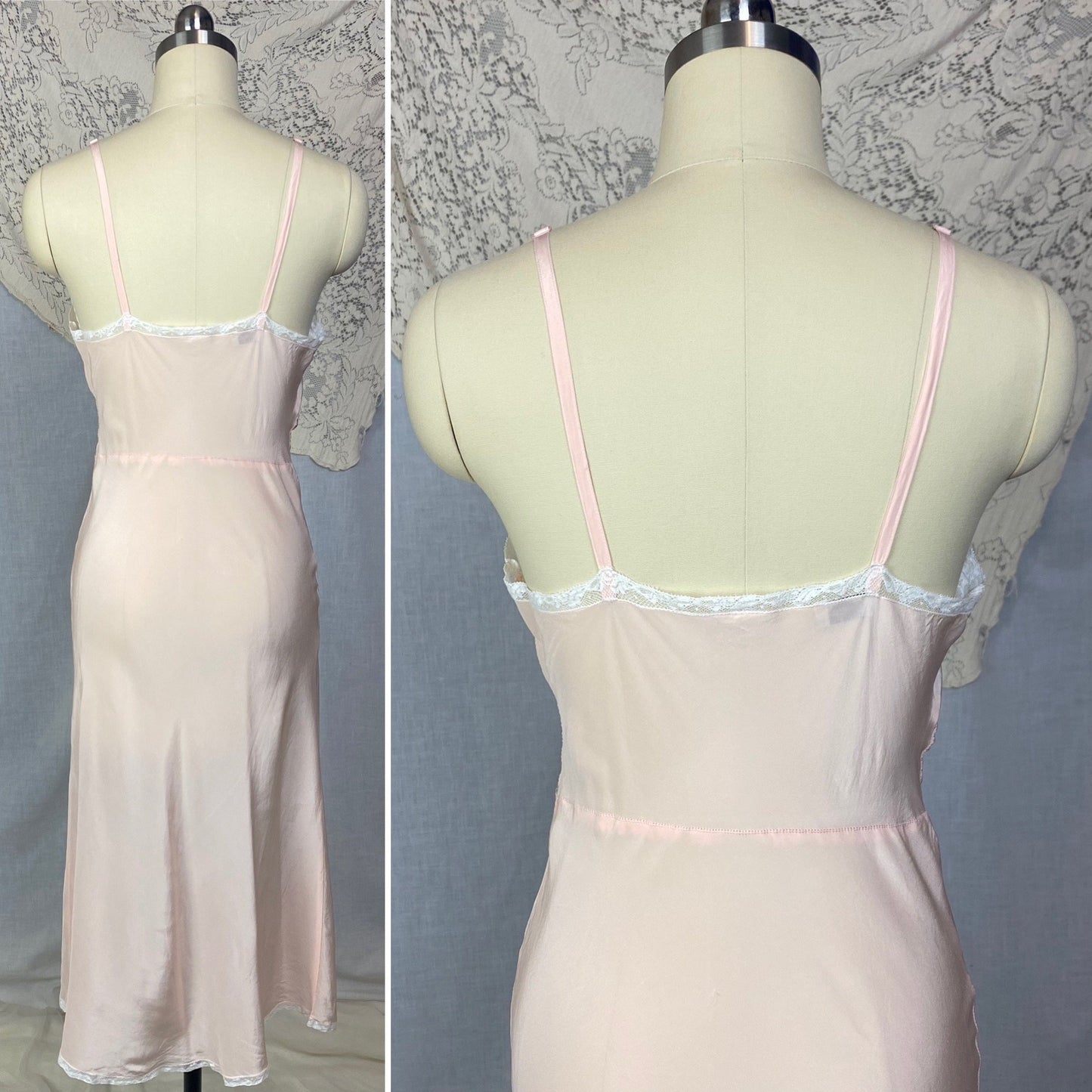 Vintage 1940's Slip | Pale Powder Pink Silk with Tulle Diamond Insert & Lace | Size XS, S | Laura Lane -Never Worn - Daggers & Dames