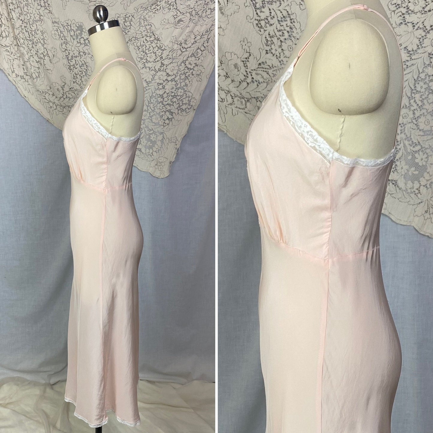Vintage 1940's Slip | Pale Powder Pink Silk with Tulle Diamond Insert & Lace | Size XS, S | Laura Lane -Never Worn - Daggers & Dames