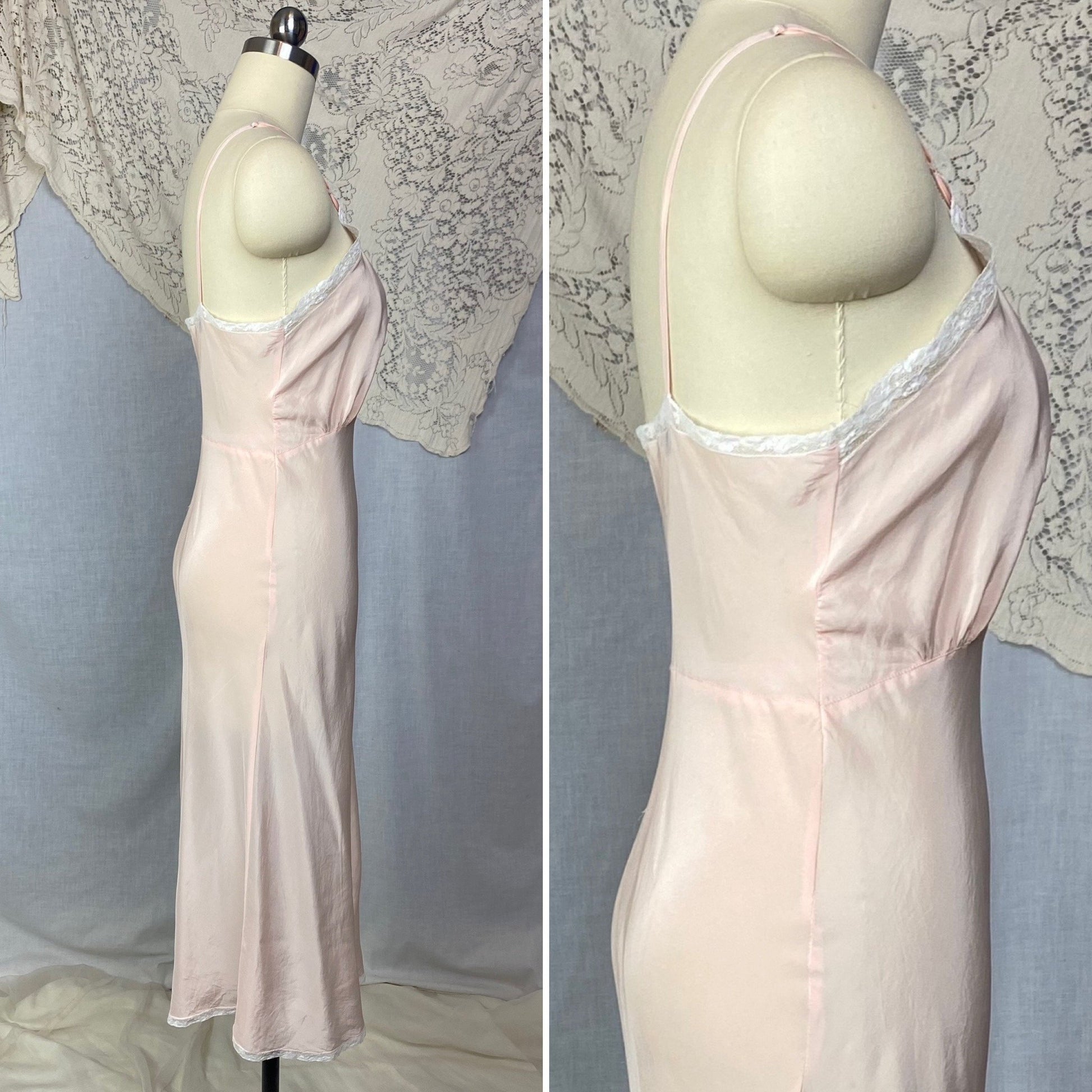 Vintage 1940's Slip | Pale Powder Pink Silk with Tulle Diamond Insert & Lace | Size XS, S | Laura Lane -Never Worn - Daggers & Dames