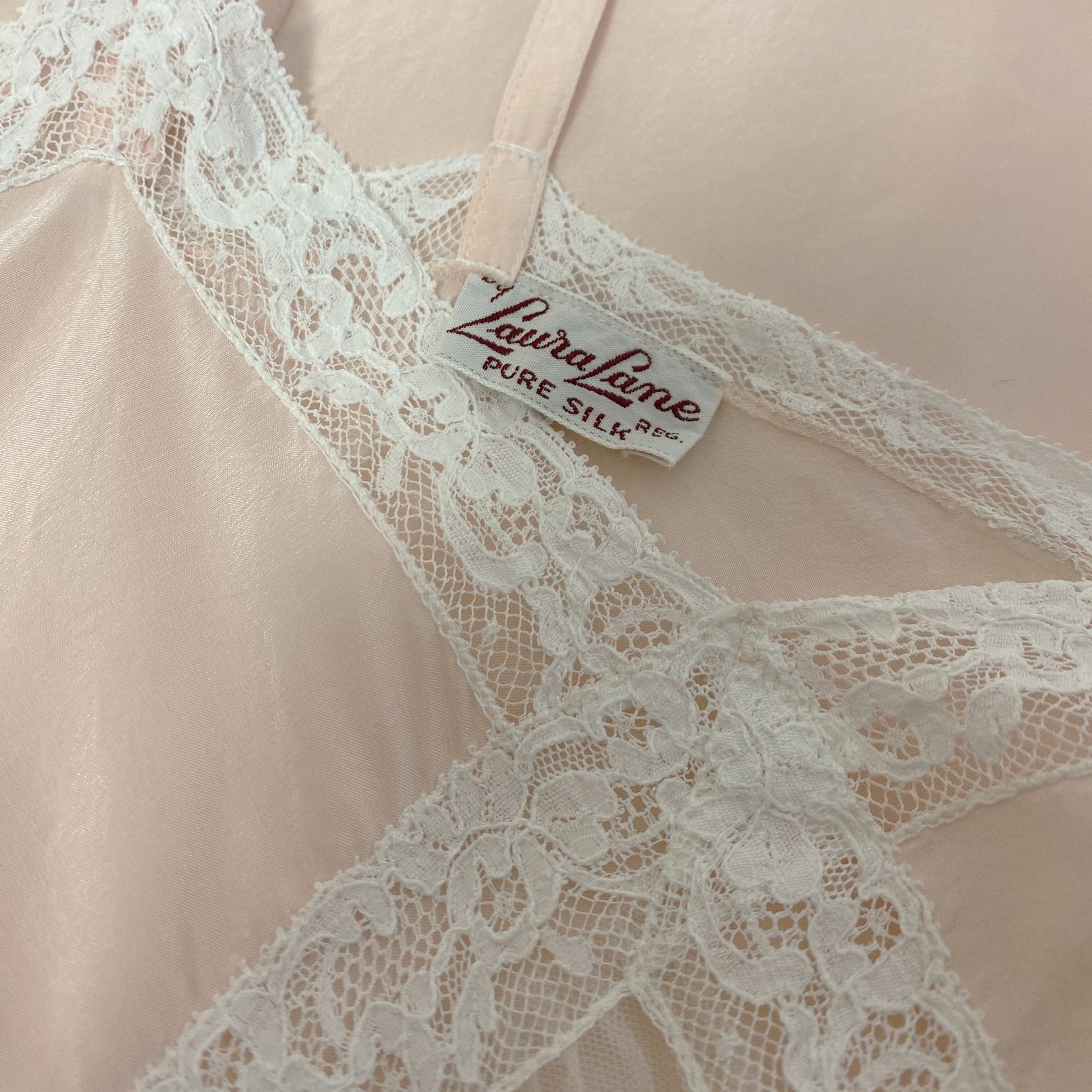 Vintage 1940's Slip | Pale Powder Pink Silk with Tulle Diamond Insert & Lace | Size XS, S | Laura Lane -Never Worn - Daggers & Dames