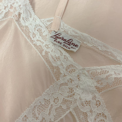 Vintage 1940's Slip | Pale Powder Pink Silk with Tulle Diamond Insert & Lace | Size XS, S | Laura Lane -Never Worn - Daggers & Dames