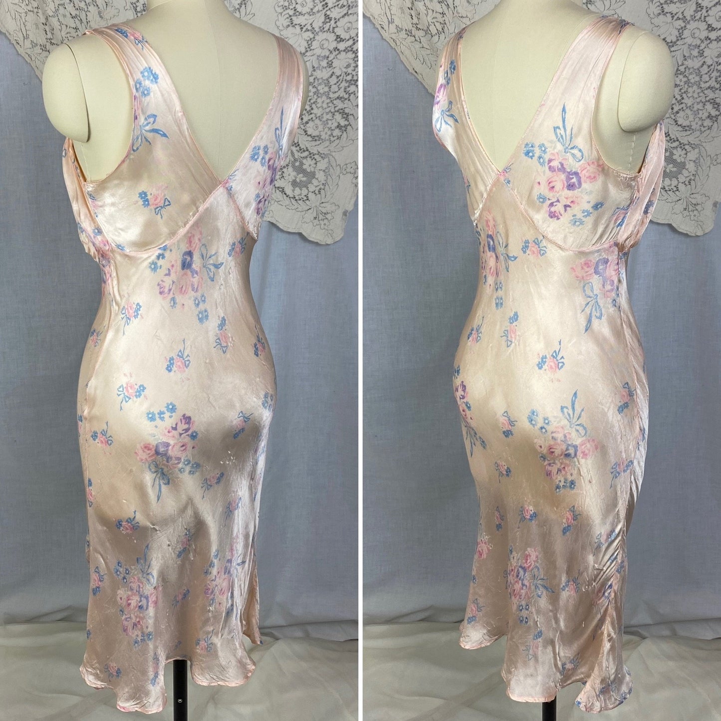Vintage 1940's Slip | Pale Powder Pink with Floral Print & Chain Link Straps | Size 34-36 Bust, S, M - Daggers & Dames