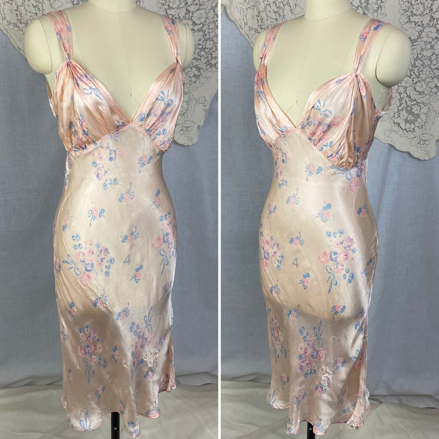 Vintage 1940's Slip | Pale Powder Pink with Floral Print & Chain Link Straps | Size 34-36 Bust, S, M - Daggers & Dames