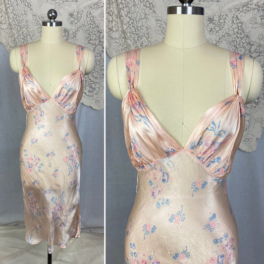 Vintage 1940's Slip | Pale Powder Pink with Floral Print & Chain Link Straps | Size 34-36 Bust, S, M - Daggers & Dames