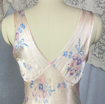 Vintage 1940's Slip | Pale Powder Pink with Floral Print & Chain Link Straps | Size 34-36 Bust, S, M - Daggers & Dames