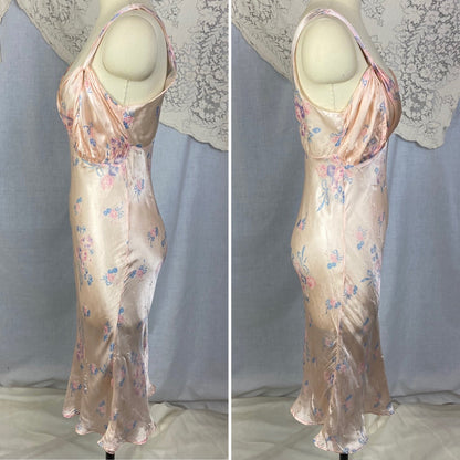 Vintage 1940's Slip | Pale Powder Pink with Floral Print & Chain Link Straps | Size 34-36 Bust, S, M - Daggers & Dames