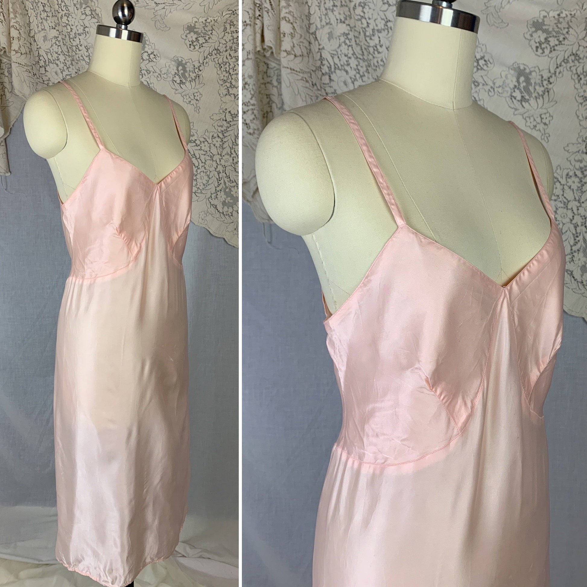 Vintage 1940's Slip | Pale Rose Pink Rayon Satin with Bias Cut | Size M, LG | Artemis - Daggers & Dames
