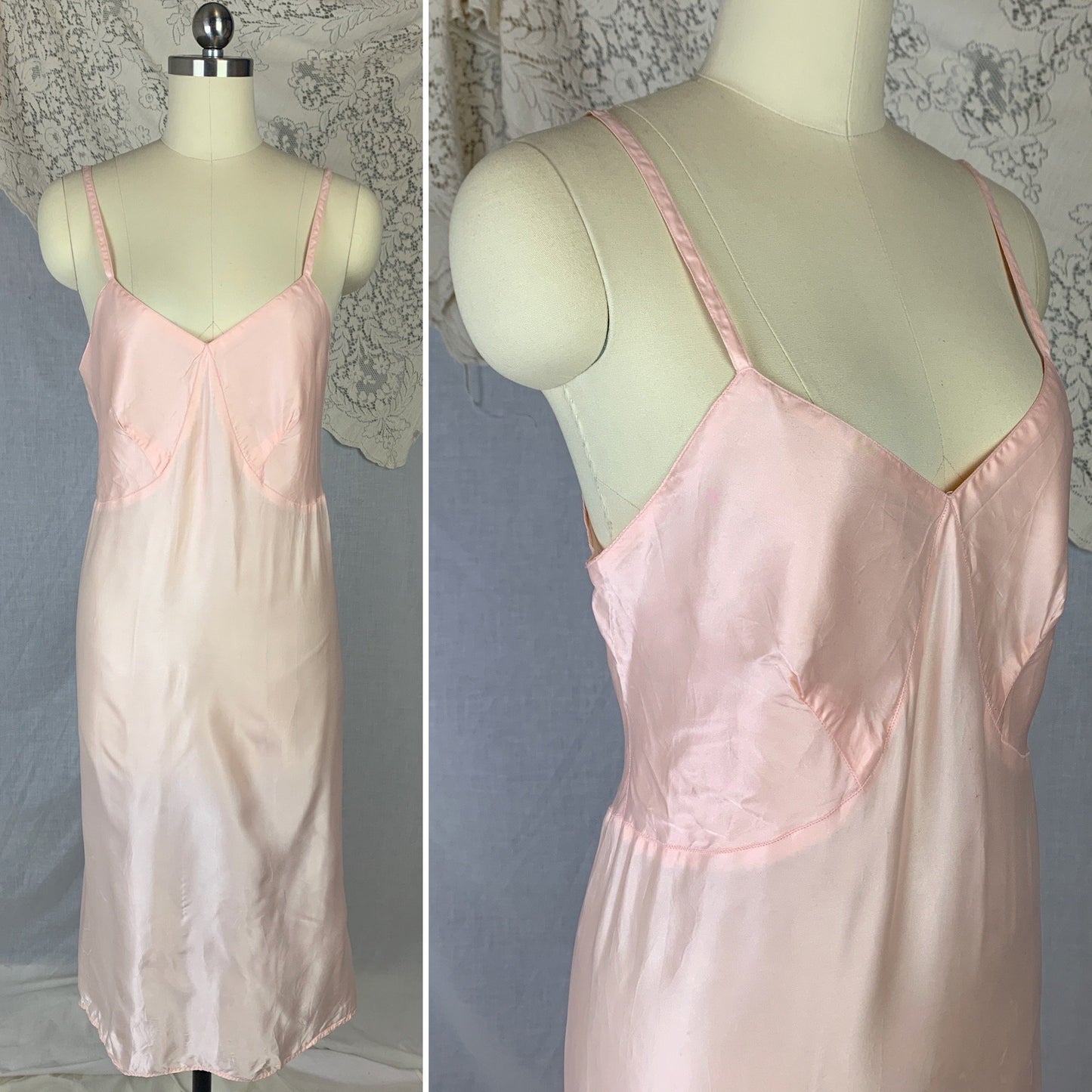 Vintage 1940's Slip | Pale Rose Pink Rayon Satin with Bias Cut | Size M, LG | Artemis - Daggers & Dames