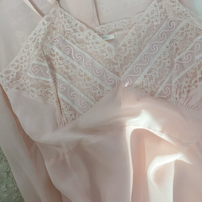 Vintage 1940's Slip | Palest Pink Rayon with White Chiffon & Embroidery | Size LG, XL | Strainless Never Worn - Daggers & Dames