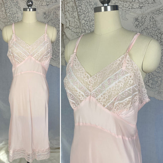 Vintage 1940's Slip | Palest Pink Rayon with White Chiffon & Embroidery | Size LG, XL | Strainless Never Worn - Daggers & Dames