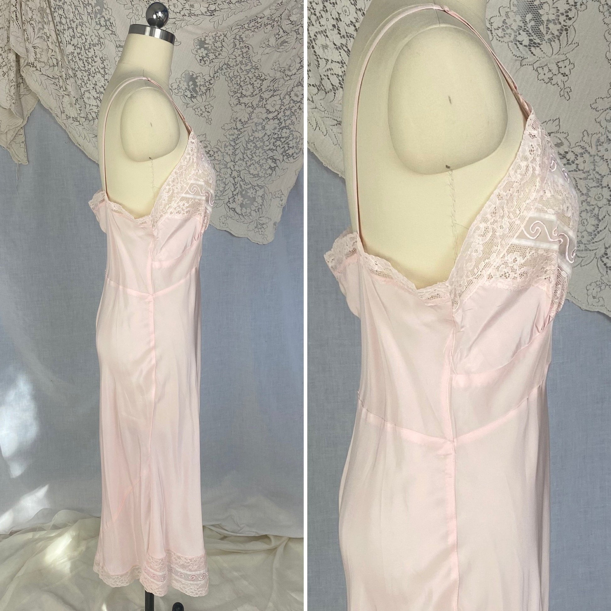 Vintage 1940's Slip | Palest Pink Rayon with White Chiffon & Embroidery | Size LG, XL | Strainless Never Worn - Daggers & Dames