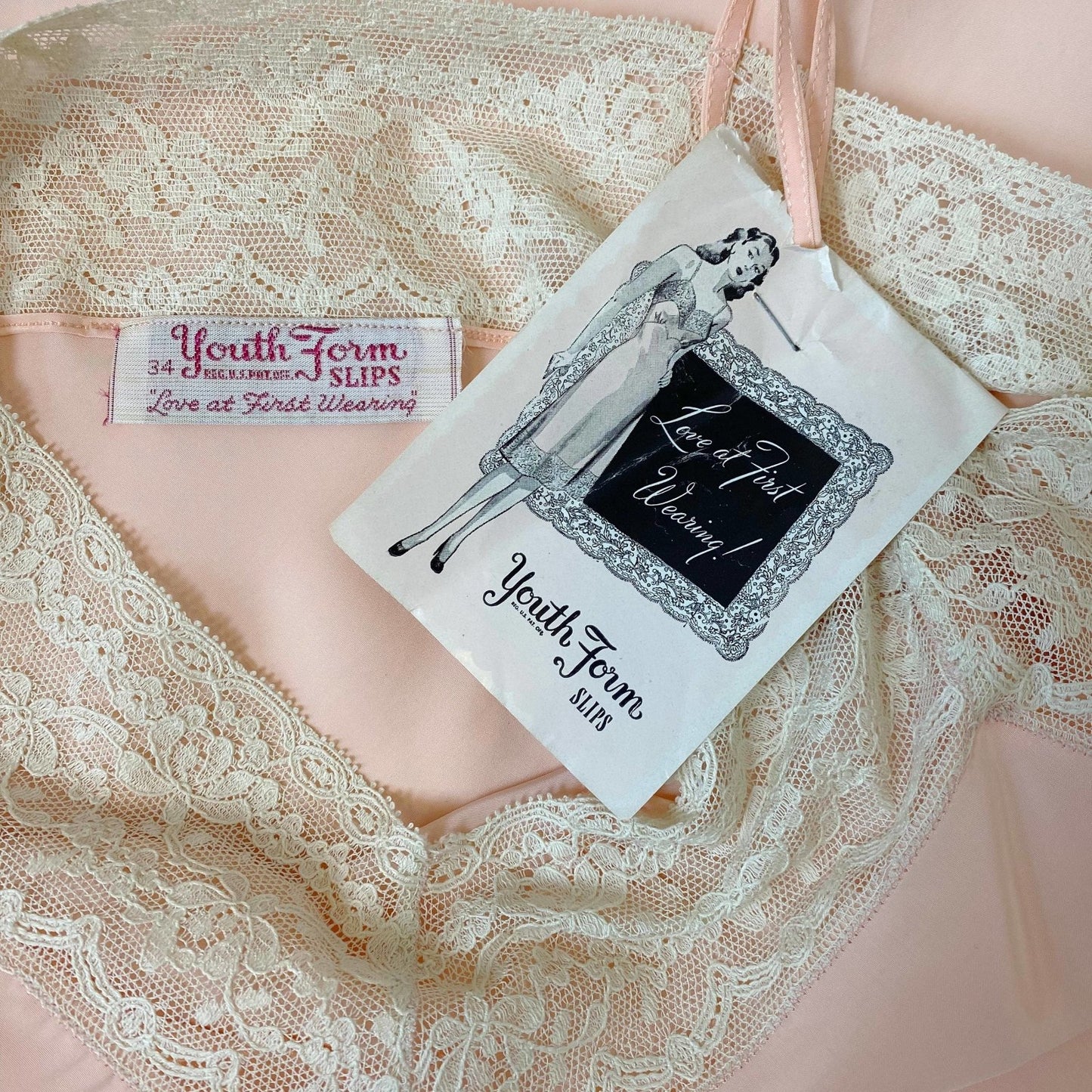 Vintage 1940's Slip | Pastel Rose Pink Rayon with Pale Nude Cotton Lace | Size S, M | Youthform -New with Tags - Daggers & Dames
