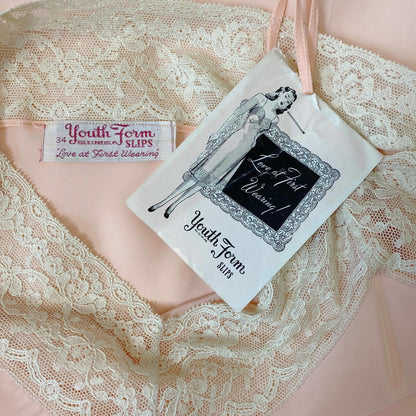 Vintage 1940's Slip | Pastel Rose Pink Rayon with Pale Nude Cotton Lace | Size S, M | Youthform -New with Tags - Daggers & Dames