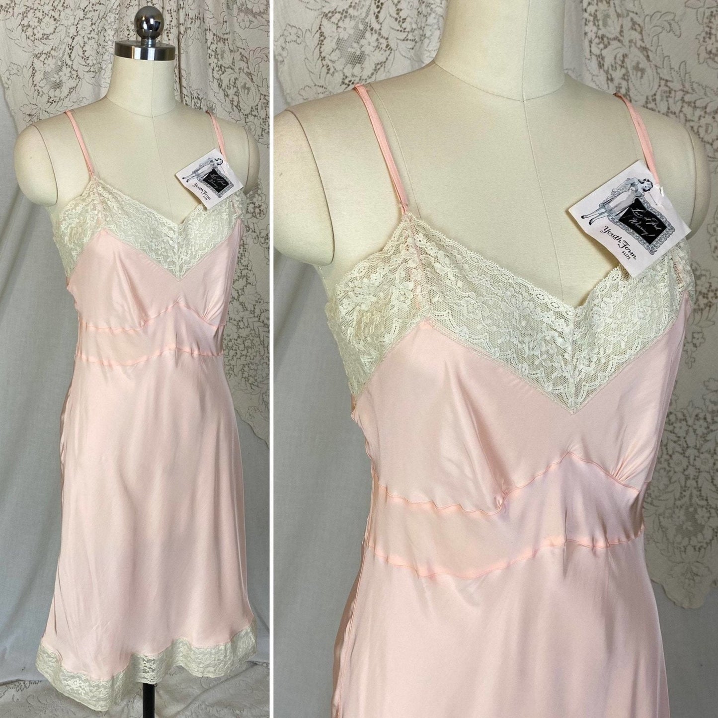 Vintage 1940's Slip | Pastel Rose Pink Rayon with Pale Nude Cotton Lace | Size S, M | Youthform -New with Tags - Daggers & Dames