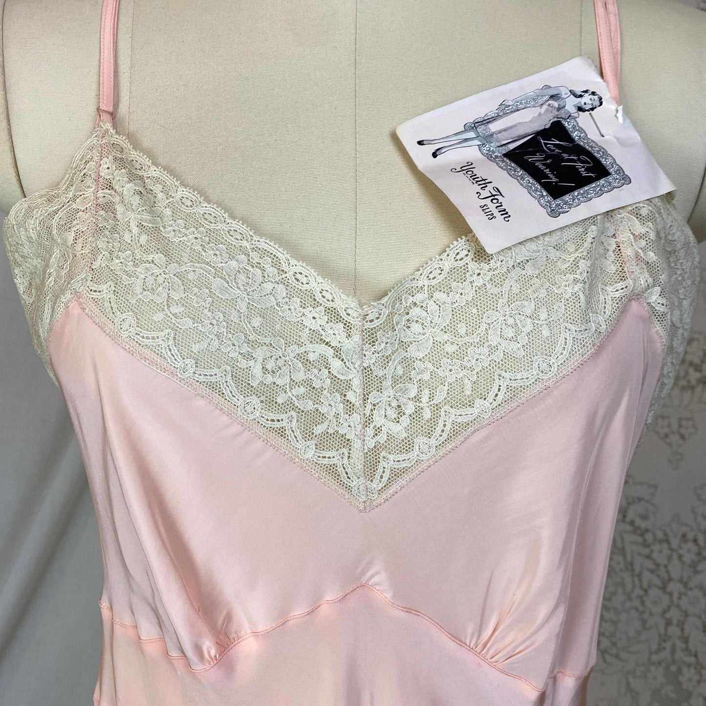 Vintage 1940's Slip | Pastel Rose Pink Rayon with Pale Nude Cotton Lace | Size S, M | Youthform -New with Tags - Daggers & Dames