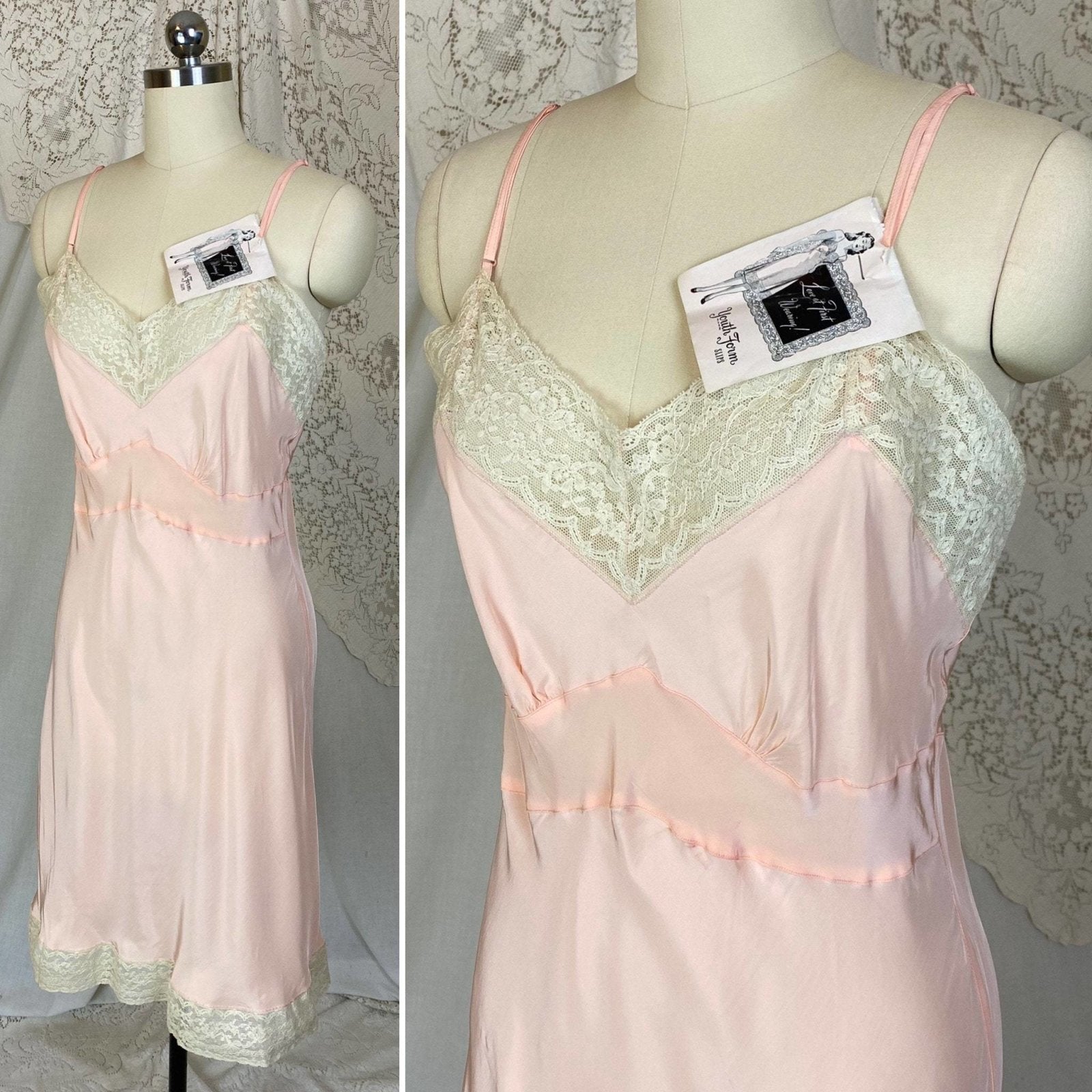 Vintage 1940's Slip | Pastel Rose Pink Rayon with Pale Nude Cotton Lace | Size S, M | Youthform -New with Tags - Daggers & Dames