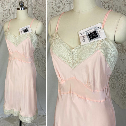 Vintage 1940's Slip | Pastel Rose Pink Rayon with Pale Nude Cotton Lace | Size S, M | Youthform -New with Tags - Daggers & Dames