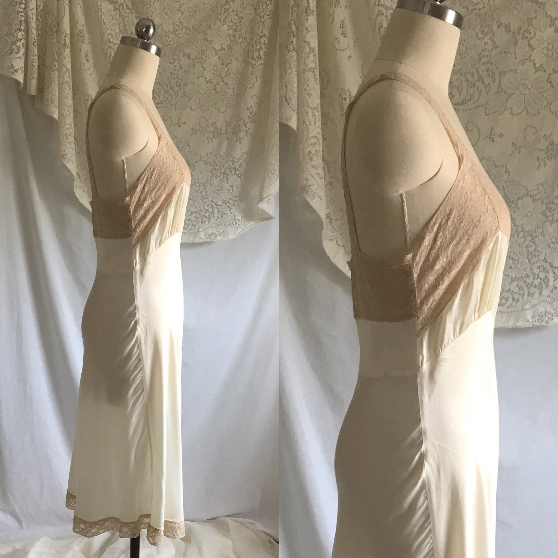 Vintage 1940's Slip | Pearl White Rayon Satin with Ecru Lace | Size XS, S Petite - Daggers & Dames