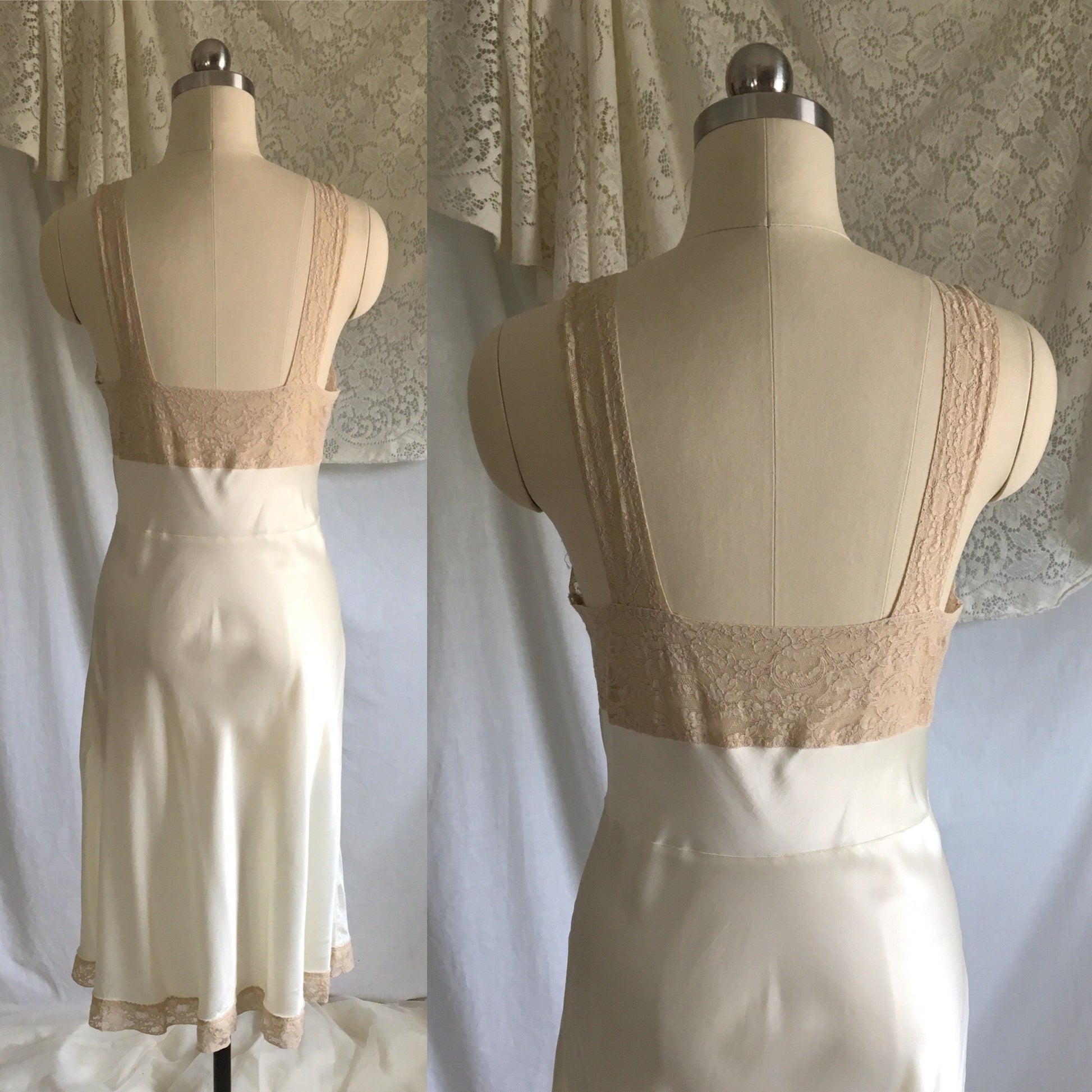 Vintage 1940's Slip | Pearl White Rayon Satin with Ecru Lace | Size XS, S Petite - Daggers & Dames