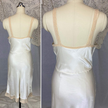 Vintage 1940's Slip | Pearly White Rayon Satin with Ivory Lace | Size 32 Bust, XS | Fischer Heavenly Lingerie - Daggers & Dames